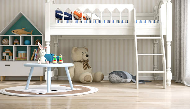 istock Blue small kid table, toy, house shape shelf, bear doll, vintage style white loft bunk bed in sunlight on beige white stripe wallpaper wall 1487845748