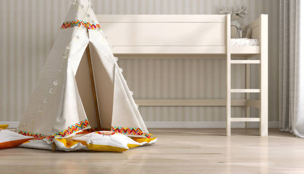 istock Cream fabric kid teepee tent, string light, beige loft bunk bed in sunlight on cream white stripe wallpaper wall 1487845753