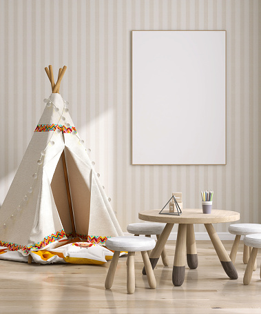 Blank large white photo poster frame with wood edge in cute modern children living room, kid teepee tent, small wooden table and chair on parquet floor, beige white stripe wallpaper wall product display background 3D