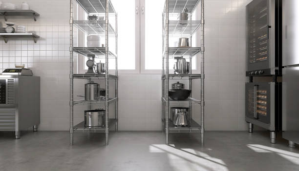 istock Stainless steel shelf with professional baking equipment, machines, kitchenware, convention oven in white tile wall commercial, professional bakery kitchen in sunlight from window 1487845795
