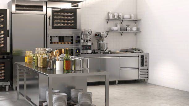 cucina da forno commerciale e professionale a convezione in acciaio inox, panino nel forno a ponte, congelatore, frigorifero, impastatrice, tavolo, armadio e ingrediente - convection foto e immagini stock