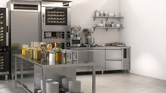 Commercial, professional bakery kitchen and stainless steel convection, bread bun in deck oven, freezer, refrigerator, kneading machine, table, cabinet and ingredient for industrial food, restaurant, baking business background 3D