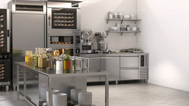 commercial, professional bakery kitchen and stainless steel convection, bread bun in deck oven, freezer, refrigerator, kneading machine, table, cabinet and ingredient - buns of steel imagens e fotografias de stock