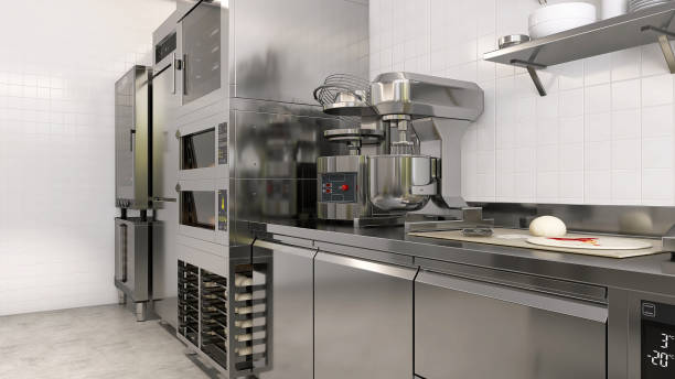 istock Commercial, professional bakery kitchen, stainless steel cabinet with kneading machine, pizza dough preparation, convection deck oven baking bun, freezer, refrigerator, white tile wall 1487845810
