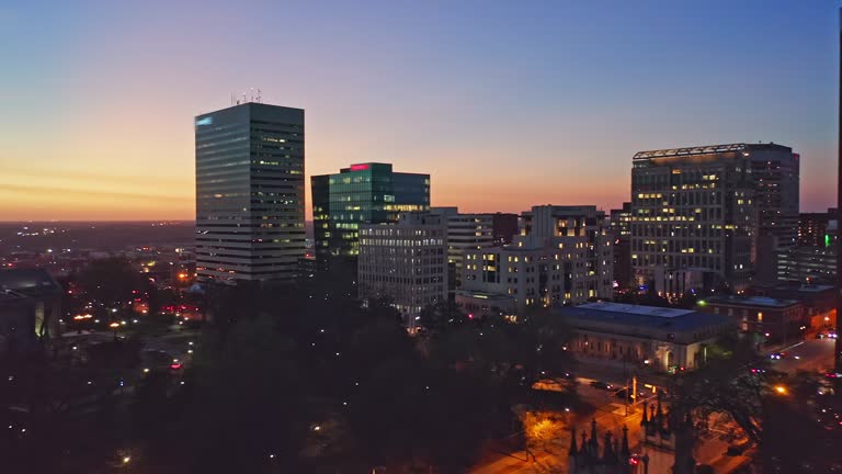 Aerial establishing shot of the South Carolina State House and Columbia skyline.