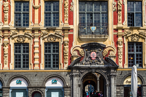 Lille, France - August 17, 2013: Architectural detail of the 'Vieille Bourse' (Old Stock Exchange) in the city of Lille, northern France