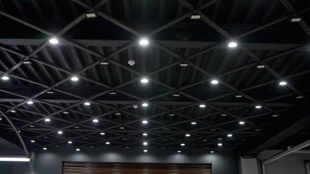 istock Modern ceiling solution in black style. Ceiling in the showroom and car detailing. Stylish black ceiling with lamps in a car showroom. 1487846909