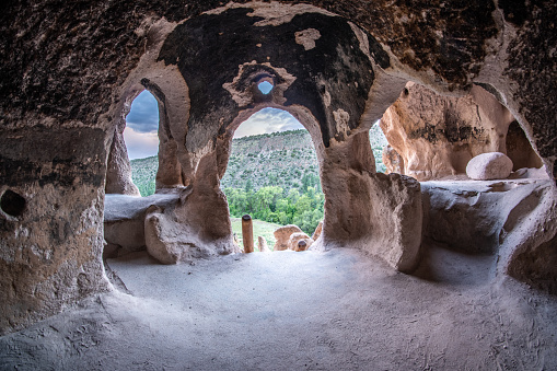 View of the cavate opening from the inside, a cave used by ancestral Pueblo as a home, Talus House Area, Frijoles Canyon, Bandelier NM, New Mexico