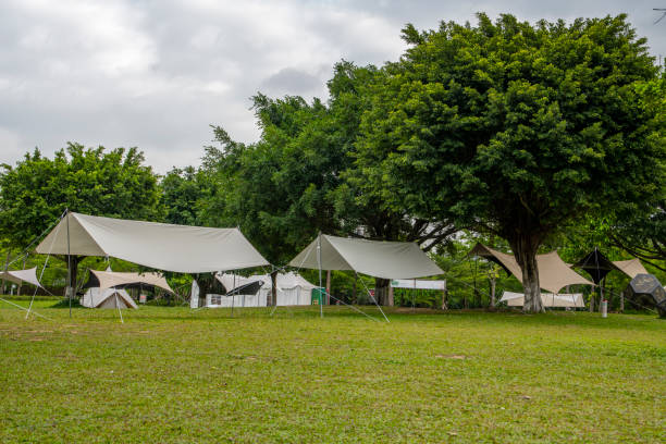 istock Camping tents on green grass in the park 1487850832
