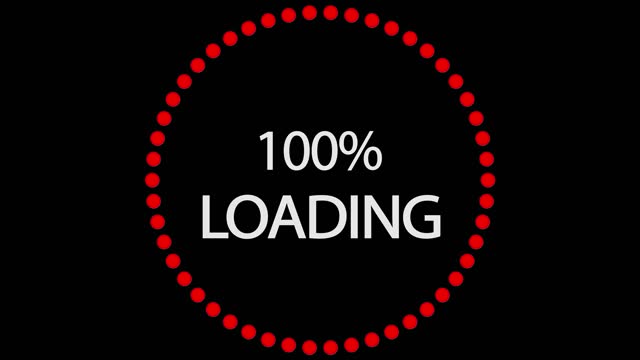 Circular loading indicator with red dots. Load from 1 to 100 percent. Loading circle icon animation on black background. Percent indicator. Futuristic updating progress bar. 60 fps 3D animation