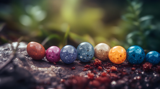 Diverse set of colored stones placed on a rock.