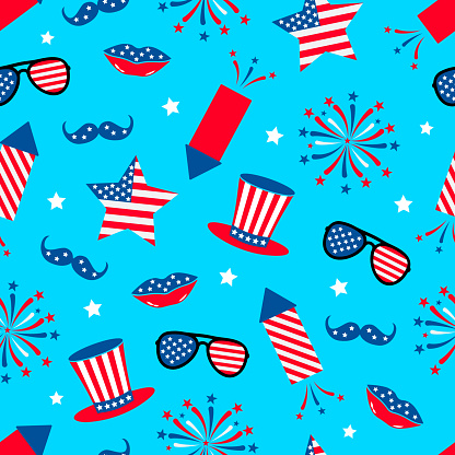 American patriotic seamless pattern. Fourths of July traditional background.  Cracker and fireworks backdrop. Vector template for fabric, textile, wallpaper, wrapping paper, etc.