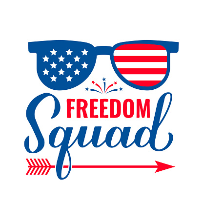 Freedom squad  lettering. Funny Independence Day quote. Patriotic 4th of July design. Vector template for typography poster, banner, greeting card, shirt, etc.