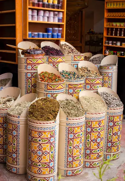 Colourful dried herbs and flowers in Marrakech medina market