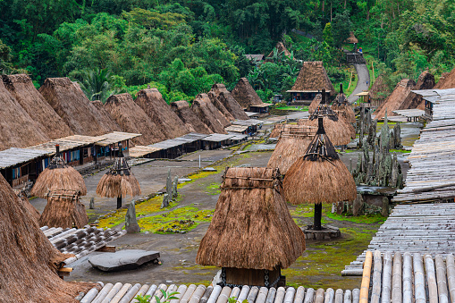 bajawa, indonesia. 15th april, 2023: bena is a megalith thatched roof village located in flores island, indonesia