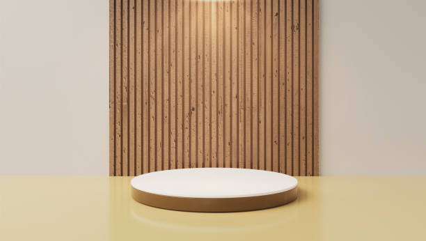 istock Pedestal podium with vertical wood pattern background. Minimal scene abstract for makeup products, stage showcase, presentat Realistic brown wood and white 3D cylinder sun rays 1487868934