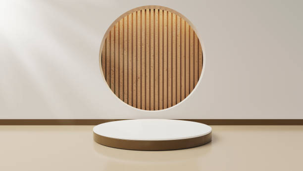 istock Pedestal podium with vertical wood pattern background. Minimal scene abstract for makeup products, stage showcase, presentat Realistic brown wood and white 3D cylinder sun rays 1487868943