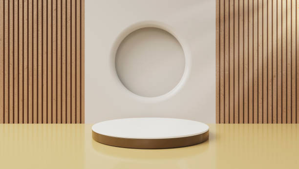 istock Pedestal podium with vertical wood pattern background. Minimal scene abstract for makeup products, stage showcase, presentat Realistic brown wood and white 3D cylinder sun rays 1487868948