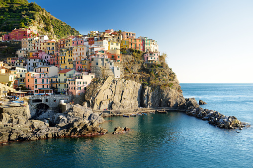 Manarola, built on a high rock 70 metres above sea level, one of the most charming and romantic of the Cinque Terre villages, Liguria, northern Italy.