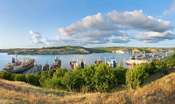 view from hill to harbor view from the hill to the harbor. Inkerman, Crimea, Ukraine. inkerman stock pictures, royalty-free photos & images