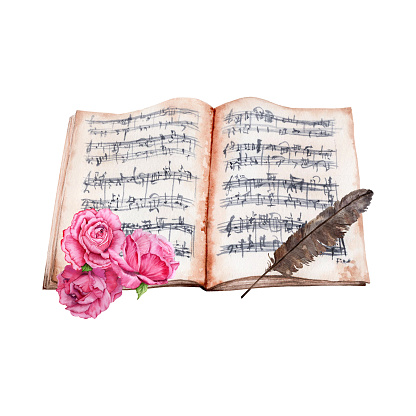 Sheet Music decorated with Pink Roses watercolor illustration on white background. Perfect for cards, graduation certificates, gifts for musicians and more.