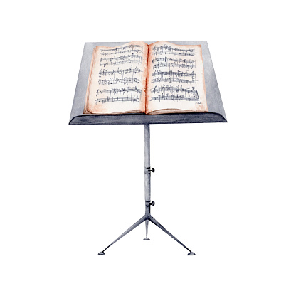 Music Stand with Sheet Music watercolor illustration. Classical Music hand painted isolated elements collection on white background. Perfect design for cards, graduation certificates, gifts for musicians and more.