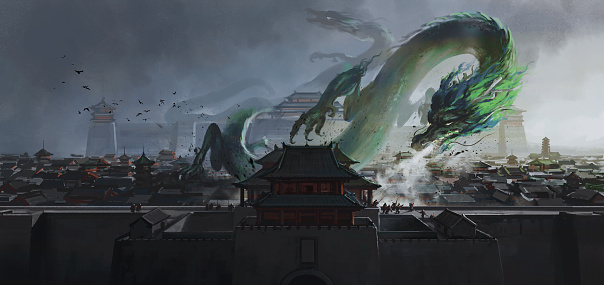 Green dragon hovering over ancient Chinese city, 3D illustration.