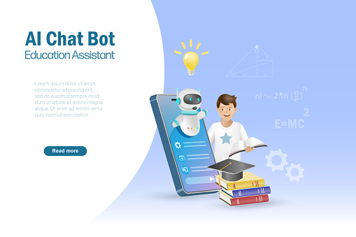 AI chat bot assist kid student doing homework assignment. Artificial intelligence robot generates information and summarize knowledge to accomplish tasks in smart solution. Education Technology.