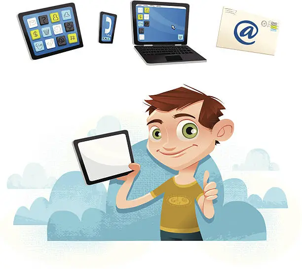 Vector illustration of Cool dude with tablet - In the cloud!