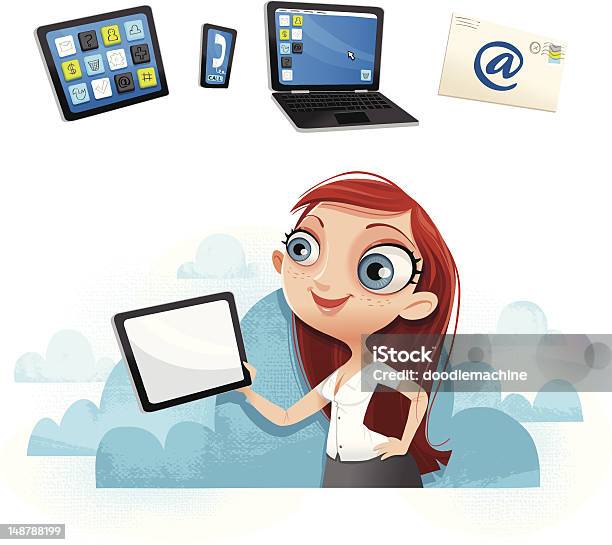 Sexy Fille Avec Tablette Dans Les Nuages Vecteurs libres de droits et plus d'images vectorielles de Enveloppe - Enveloppe, Jeunes filles, Tenir