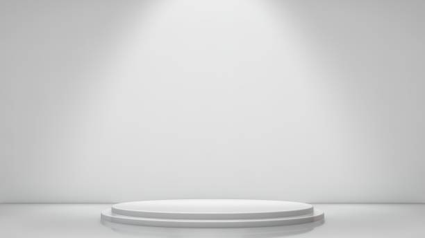 White Studio Template - Round Shape Pedestal On Simple Background - Spotlight Product Shelf - Blank Studio Podium For Advertising - 3D Rendering