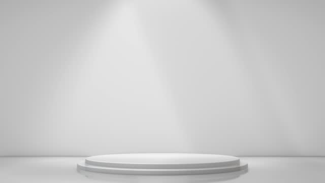White Studio Template - Round Shape Pedestal On Simple Background - Spotlight Product Shelf - Blank Studio Podium For Advertising - 3D Rendering - 4K Resolution - Seamless Loop Background