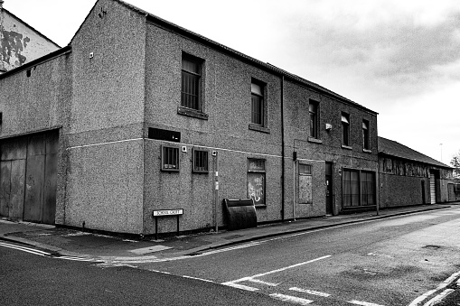 Black and white shot of old building in school Croft the old industrial part of Middlesbrough