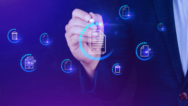 istock Businessman pressing multimedia type of modern buttons with virtual background, Document Management System (DMS), searching and managing corporate files information. 1487894711