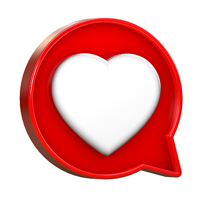 3d red speech bubble with heart shape icon isolated on white background. 3d illustration.