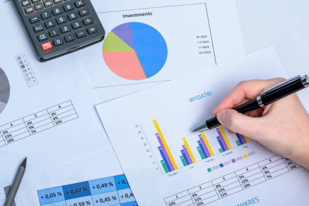 istock Household budget analysis, bars and diagrams calculator 1487896246