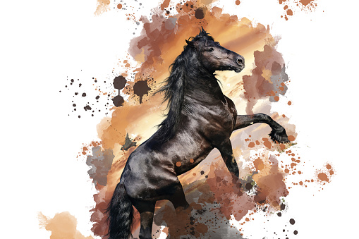 Horse running on watercolor splashes background. Nice detail in nature. Close-up portrait of a big strong horse painted in watercolors...