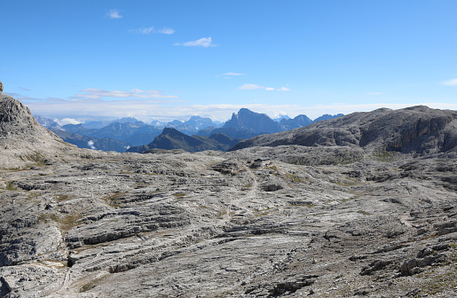 Almost lunar scenery of the dolomites in northern italy and the alpine refuge called Rosetta in the middle of the rocks