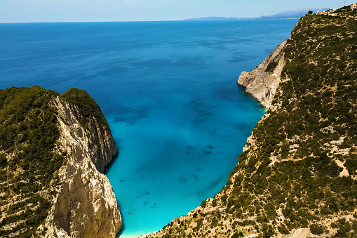 Beautiful landscape of Navagio Beach in Greece, a famous tourist attraction.