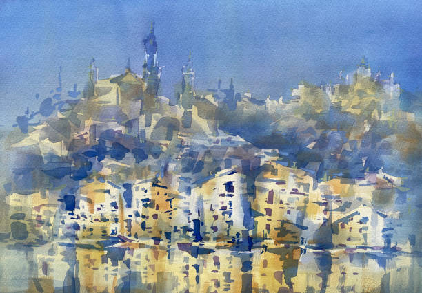 istock Old city by the coast abstract watercolor background 1487900435