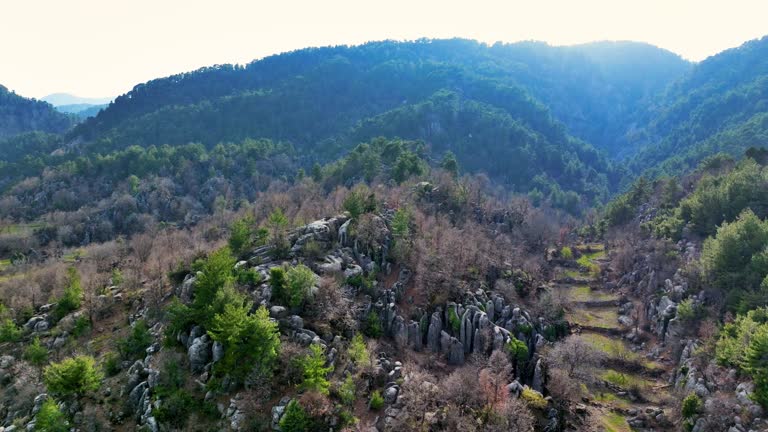 Aerial view ancient city of Selge in Antalya, “Adam Kayalar” means “Man Rocks”, Rocky Landscape of Antalya, Adamkayalar on the Antalya St. Paul walking path, the village as a result of geological formation, the best hiking route in the world,