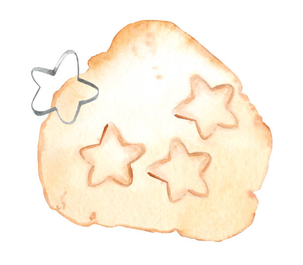 Dough for baking watercolor Dough for baking watercolor. Hand drawn dough and cookie cutters isolated on white background. Homemade pastry sketch illustration for menu and cookbook rolling dough stock illustrations