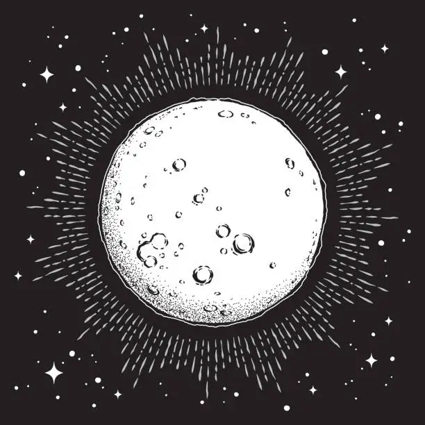 Vector illustration of Antique style hand drawn line art and dot work full moon with rays of light. Boho chic tattoo or print design vector illustration.