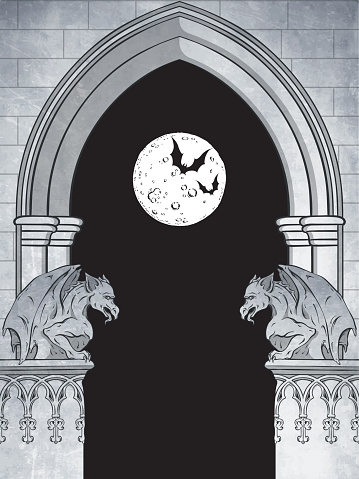 Gothic arch with gargoyles and full moon hand drawn vector illustration. Frame or print design.