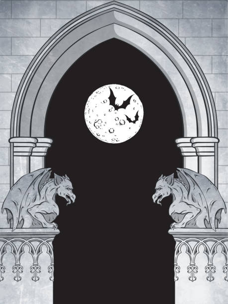 Gothic arch with gargoyles and full moon hand drawn vector illustration. Frame or print design Gothic arch with gargoyles and full moon hand drawn vector illustration. Frame or print design. gargoyle stock illustrations