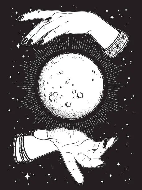 Vector illustration of Hand drawn full moon with rays of light in hands of fortune teller line art and dot work. Boho chic tattoo, poster or altar veil print design vector illustration.