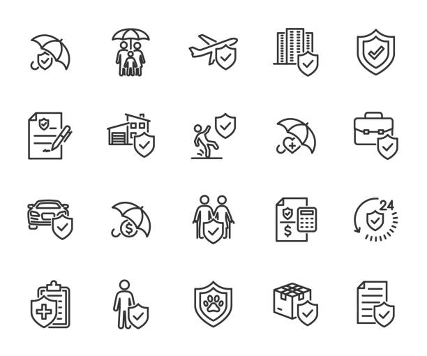 vektorsatz von versicherungsliniensymbolen. enthält symbole versicherung kranken-, reise-, auto-, immobilien-, familien-, fracht-, versicherungspolice und mehr. pixel perfekt. - versicherung stock-grafiken, -clipart, -cartoons und -symbole