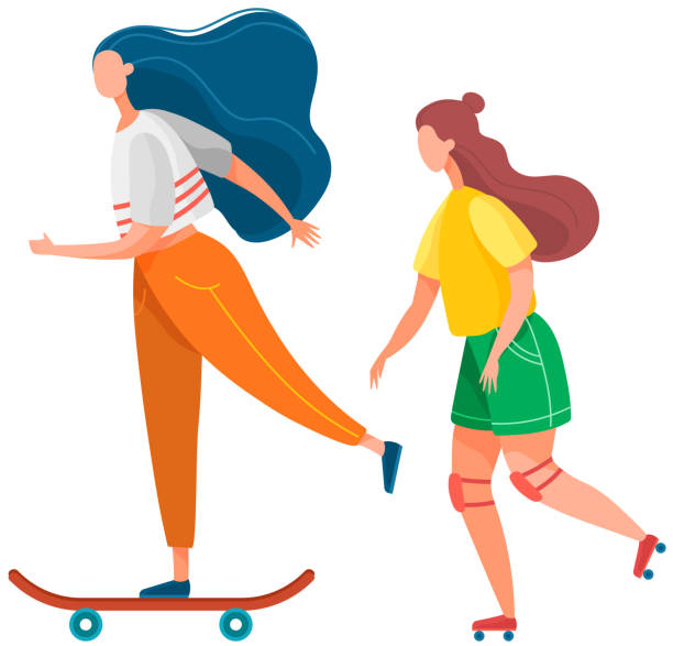 ilustrações, clipart, desenhos animados e ícones de jovens estilo de vida ativo esporte radical conjunto. meninas patinando e andando de skate no parque - skateboard park skateboarding skateboard adolescence