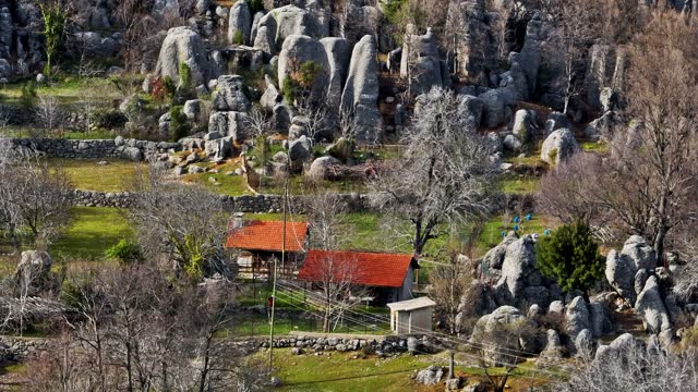 Aerial view ancient city of Selge in Antalya, “Adam Kayalar” means “Man Rocks”, Rocky Landscape of Antalya, Adamkayalar on the Antalya St. Paul walking path, the village as a result of geological formation, the best hiking route in the world,