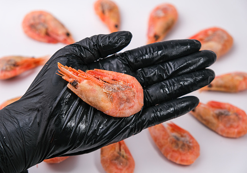 The chef's hand in a black glove holds a frozen shrimp with caviar. Close-up.